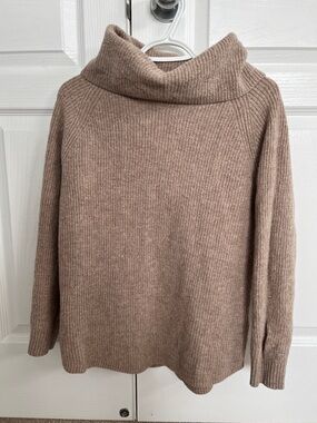 Tahari Tan Knit Draped Collar Merino Blend Sweater